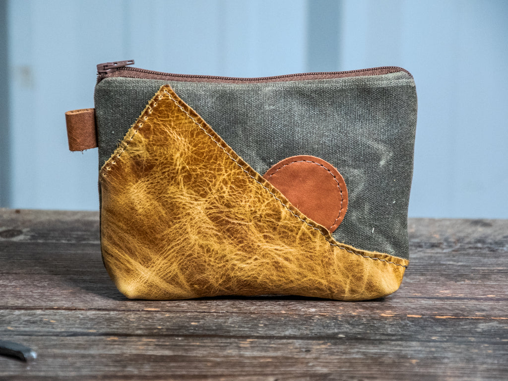 Ready to Ship | Triangle Mountain | Medium Waxed Canvas & leather Applique Pouch