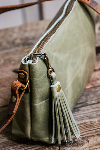 Limited Run SAGE Eco-Friendly Leather Crossbody Small Zipper Bag With Tassel
