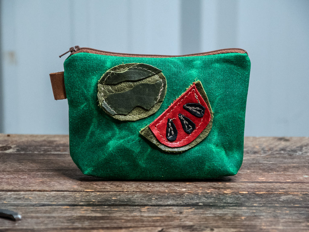 Ready to Ship | Watermelon | Medium Waxed Canvas & leather Applique Pouch