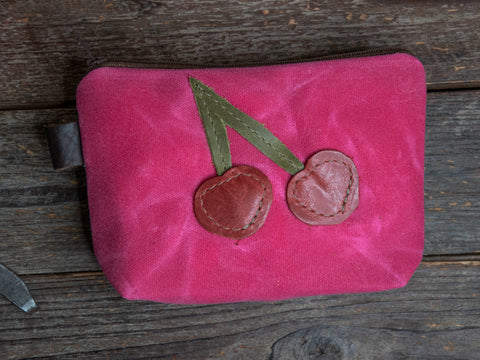 Ready to Ship | Cherry | Medium Waxed Canvas & leather Applique Pouch