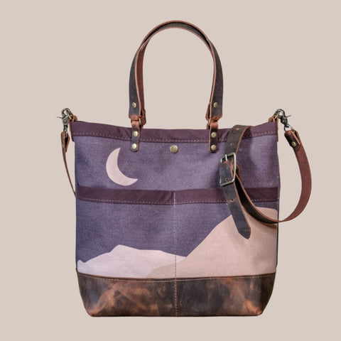 Quiet Night |  Canvas and Leather tote bag with extra pockets | Handprinted