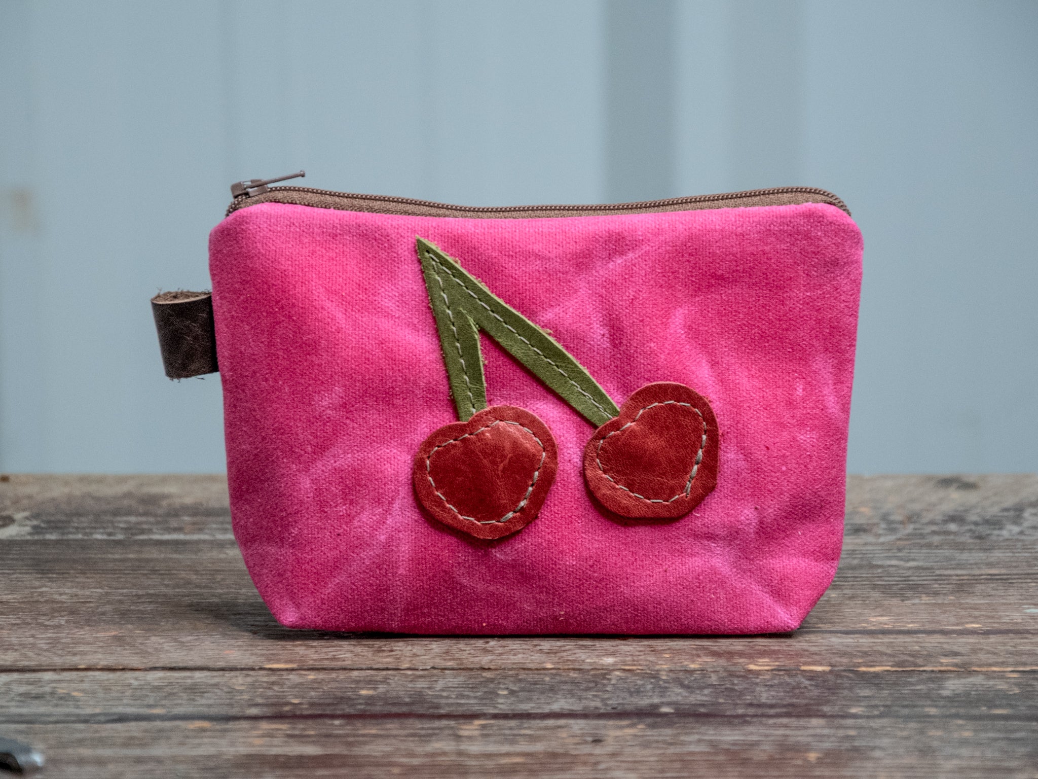 Ready to Ship | Cherry | Medium Waxed Canvas & leather Applique Pouch