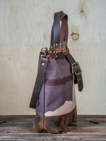 Quiet Night |  Canvas and Leather tote bag with extra pockets | Handprinted