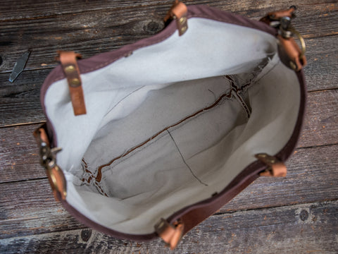 Quiet Night |  Canvas and Leather tote bag with extra pockets | Handprinted
