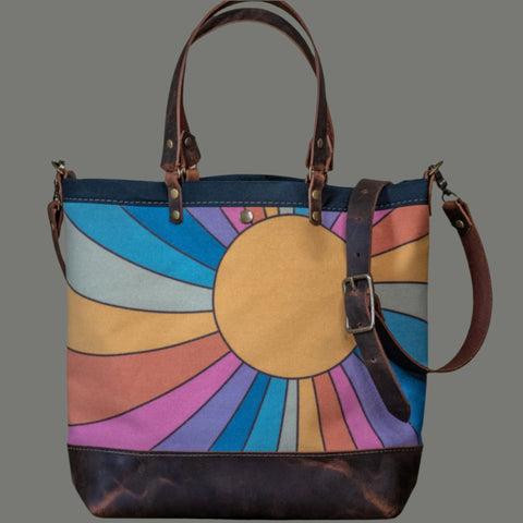 Rainbow Rays |  Canvas and Leather tote bag  | Handprinted