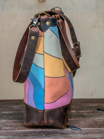 Rainbow Rays |  Canvas and Leather tote bag  | Handprinted
