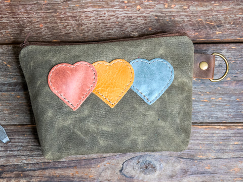 Ready to Ship | Heart Chain | Medium Waxed Canvas & leather Applique Pouch | D-Ring