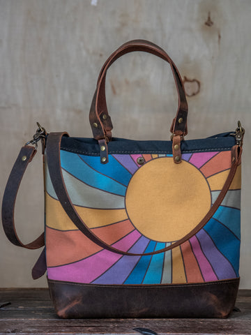 Rainbow Rays |  Canvas and Leather tote bag  | Handprinted