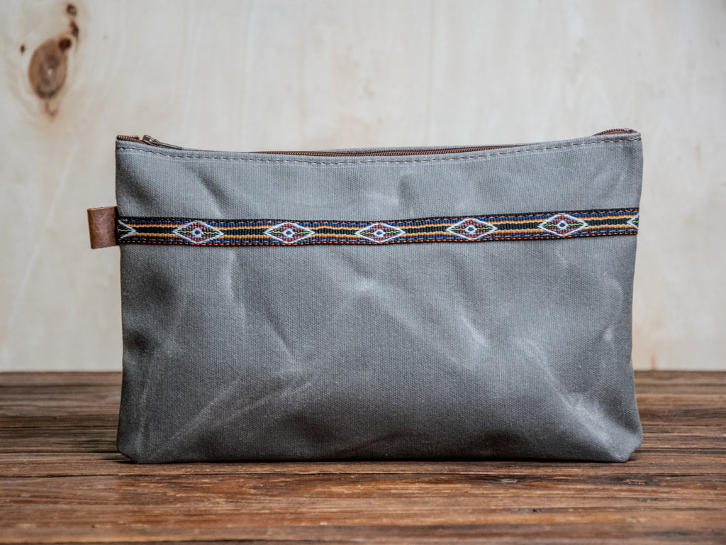 One of a Kind | Large Boho Waxed Canvas Pouch | Lite Grey | OOAK 12