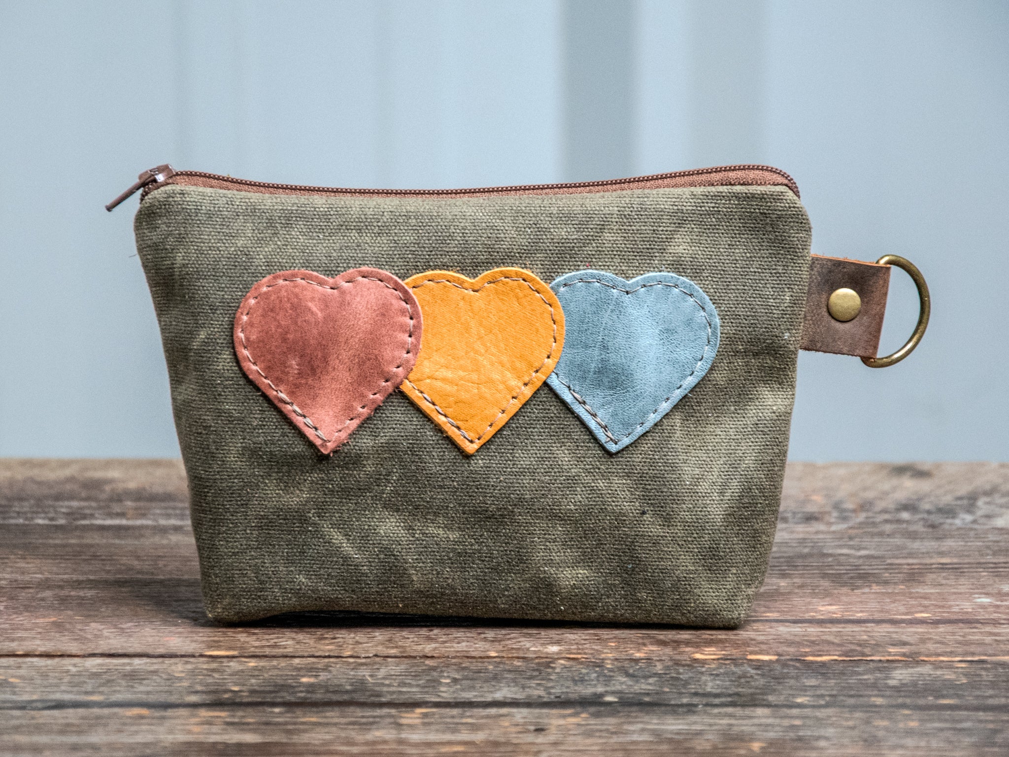 Ready to Ship | Heart Chain | Medium Waxed Canvas & leather Applique Pouch | D-Ring