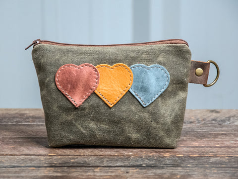 Ready to Ship | Heart Chain | Medium Waxed Canvas & leather Applique Pouch | D-Ring