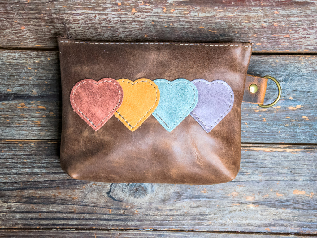 Ready to Ship | Leather Applique | Handmade Leather Zipper Pouch | Linked Hearts | D-Ring