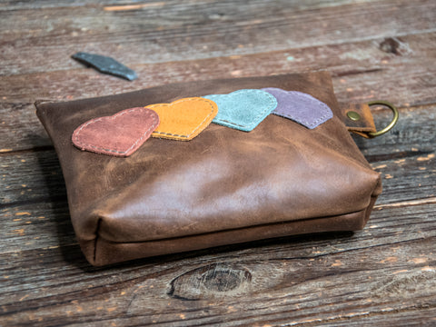 Ready to Ship | Leather Applique | Handmade Leather Zipper Pouch | Linked Hearts | D-Ring