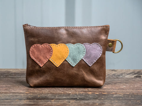 Ready to Ship | Leather Applique | Handmade Leather Zipper Pouch | Linked Hearts | D-Ring