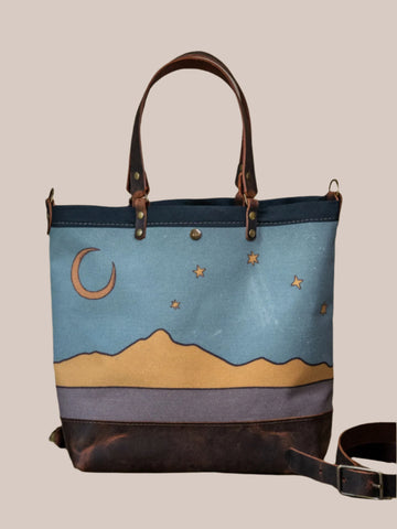 Twilight |  Canvas and Leather tote bag  | Handprinted