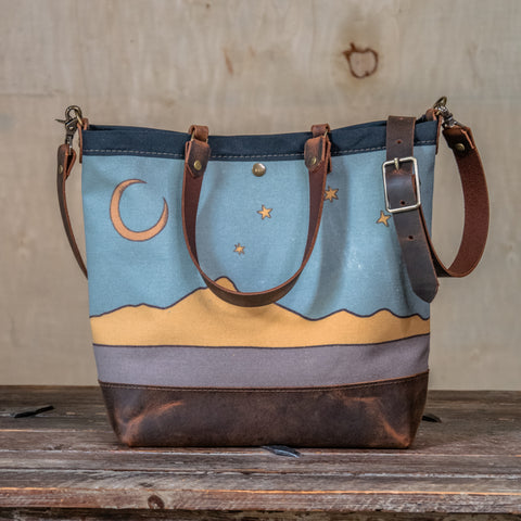 Twilight |  Canvas and Leather tote bag  | Handprinted