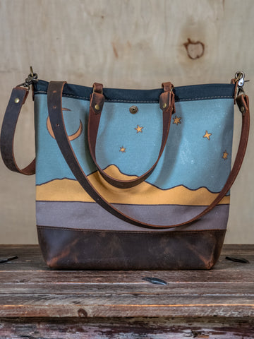 Twilight |  Canvas and Leather tote bag  | Handprinted