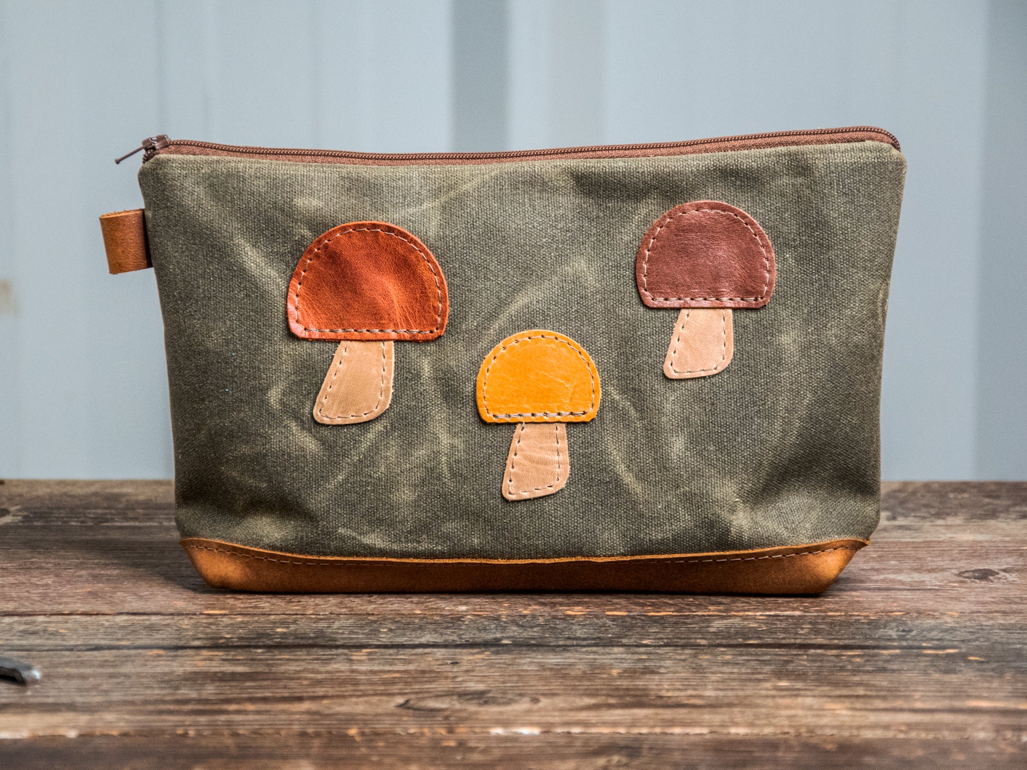 Ready to Ship | Mushrooms | Large Waxed Canvas & Leather Applique Pouch