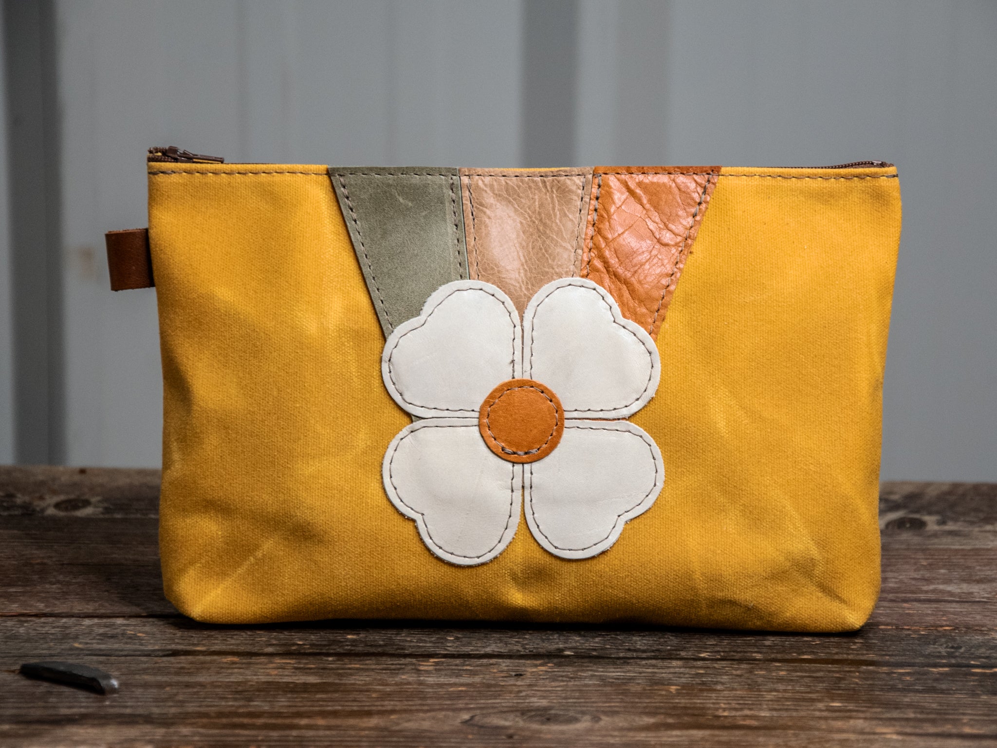 Ready to Ship | Retro Flower | Large Waxed Canvas & Leather Applique Pouch