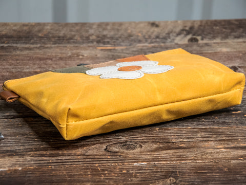 Ready to Ship | Retro Flower | Large Waxed Canvas & Leather Applique Pouch