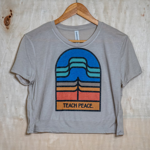 Handprinted Made in USA T-shirt | Teach Peace | Oatmeal Flowy Crop