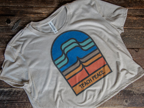 Handprinted Made in USA T-shirt | Teach Peace | Oatmeal Flowy Crop