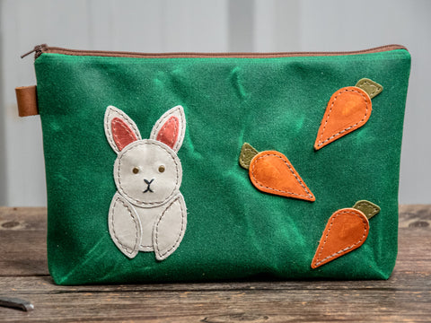 Ready to Ship | Hungry Bunny | Large Waxed Canvas & Leather Applique Pouch