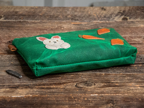 Ready to Ship | Hungry Bunny | Large Waxed Canvas & Leather Applique Pouch