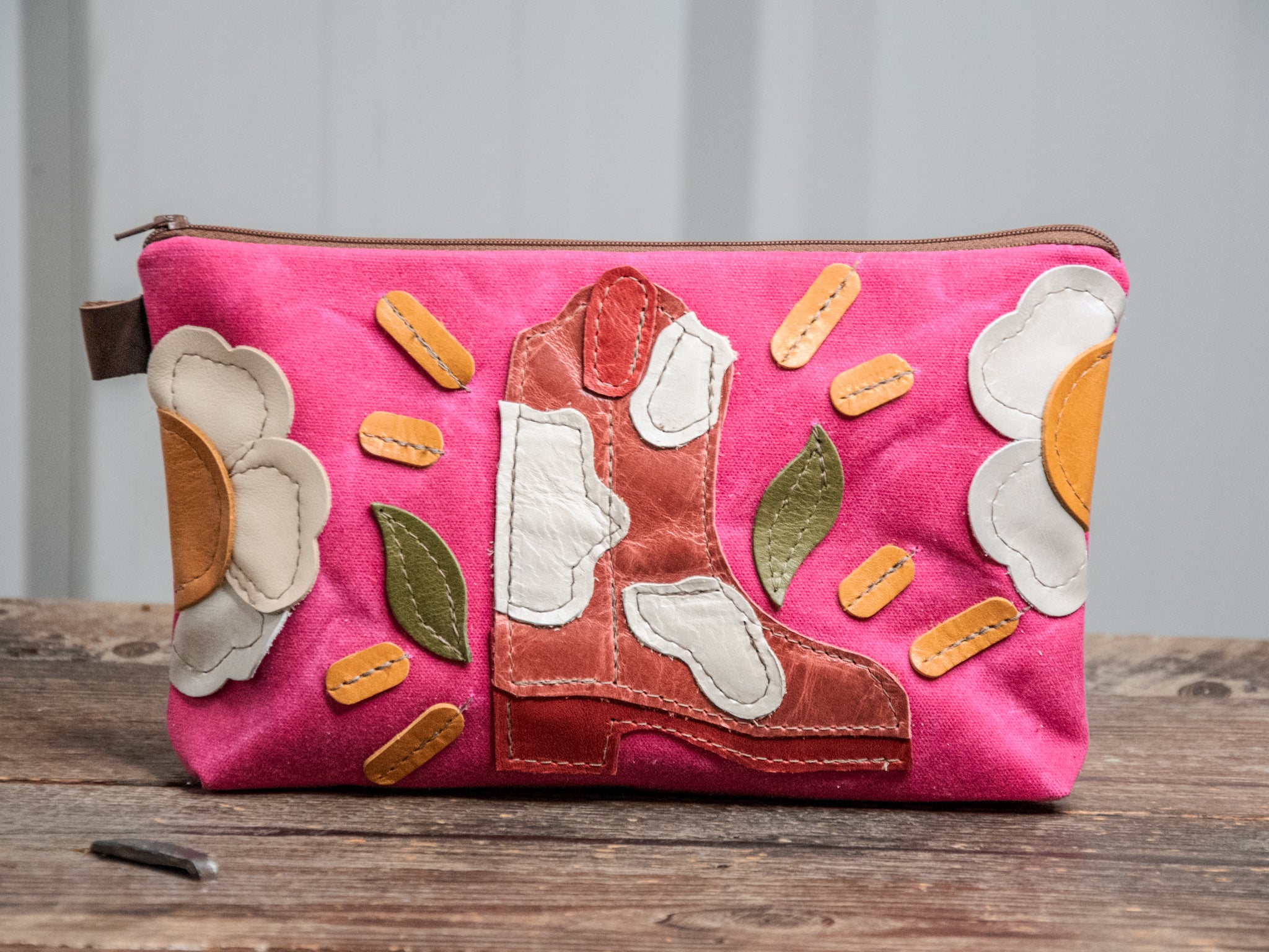 Ready to Ship | Western Bloom | Large Waxed Canvas & Leather Applique Pouch