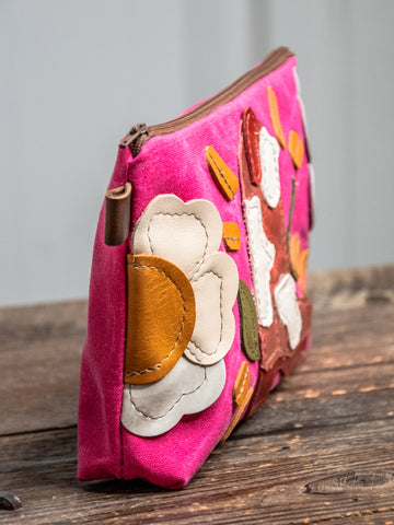 Ready to Ship | Western Bloom | Large Waxed Canvas & Leather Applique Pouch