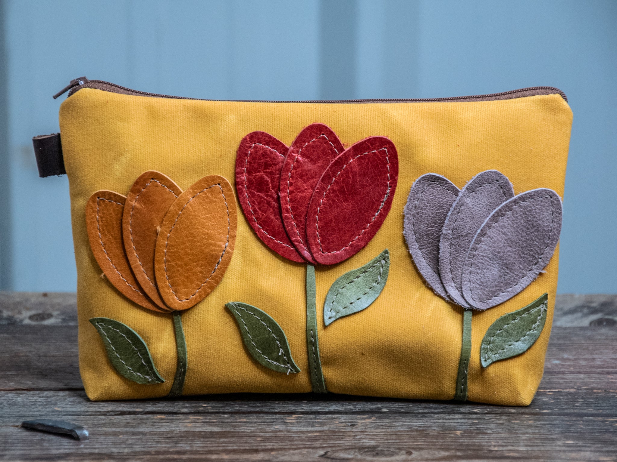 Ready to Ship | Tulips | Large Waxed Canvas & Leather Applique Pouch