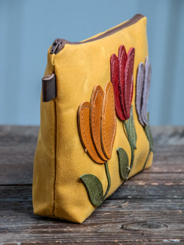 Ready to Ship | Tulips | Large Waxed Canvas & Leather Applique Pouch