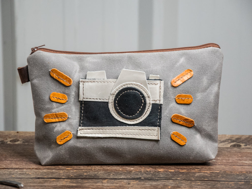 Ready to Ship | Camera | Large Waxed Canvas & Leather Applique Pouch