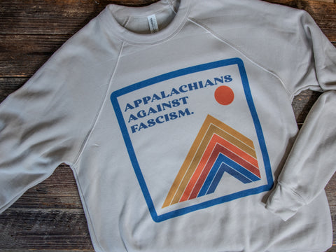 Handprinted Sweatshirt | Appalachians against fascism 70's Mountain | Unisex Tri-Blend |  Heather Dust