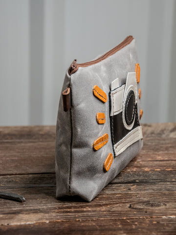 Ready to Ship | Camera | Large Waxed Canvas & Leather Applique Pouch