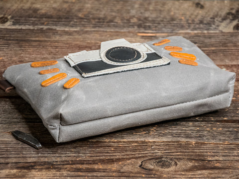 Ready to Ship | Camera | Large Waxed Canvas & Leather Applique Pouch