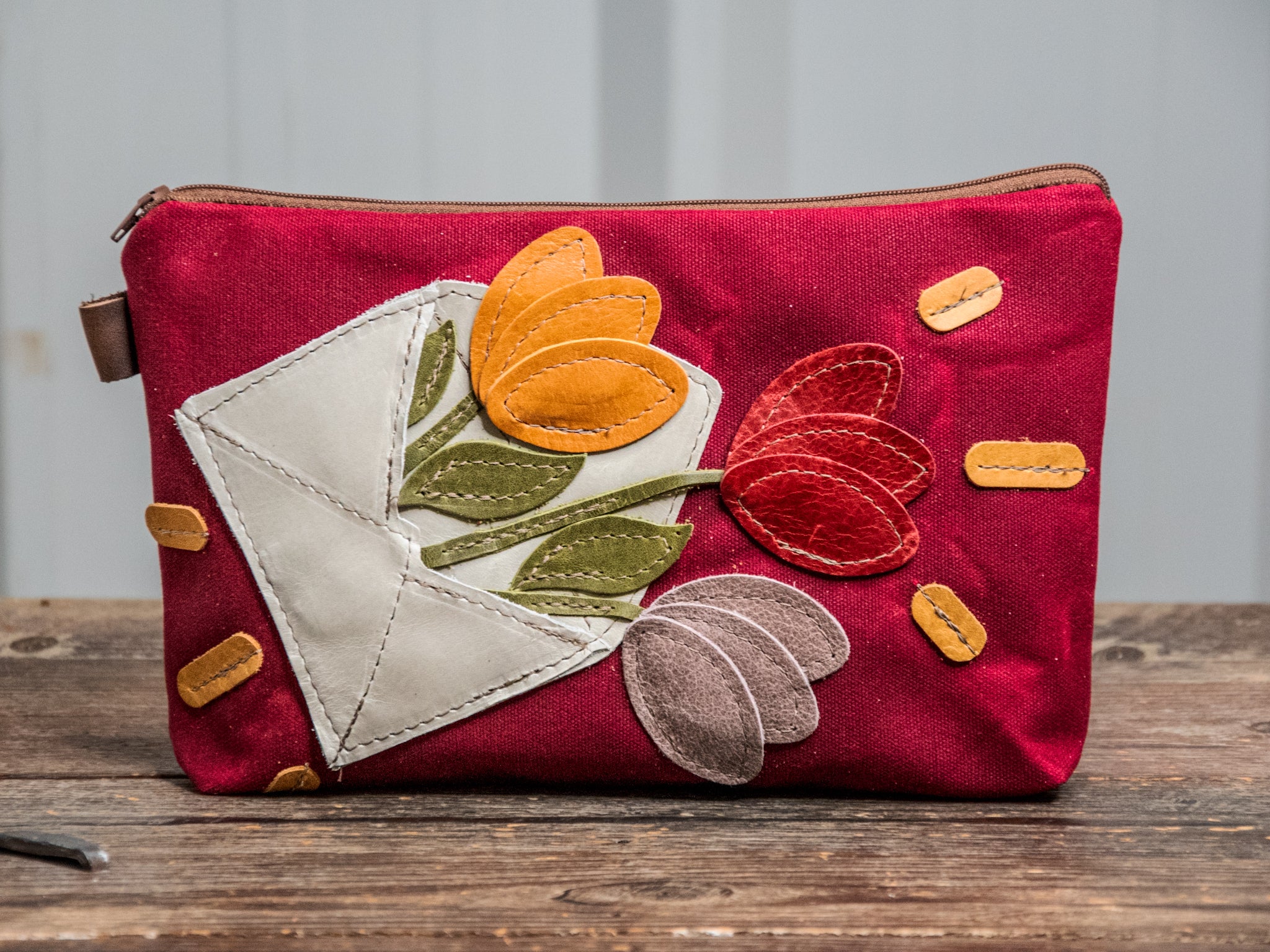 Ready to Ship | Love Letter | Large Waxed Canvas & Leather Applique Pouch