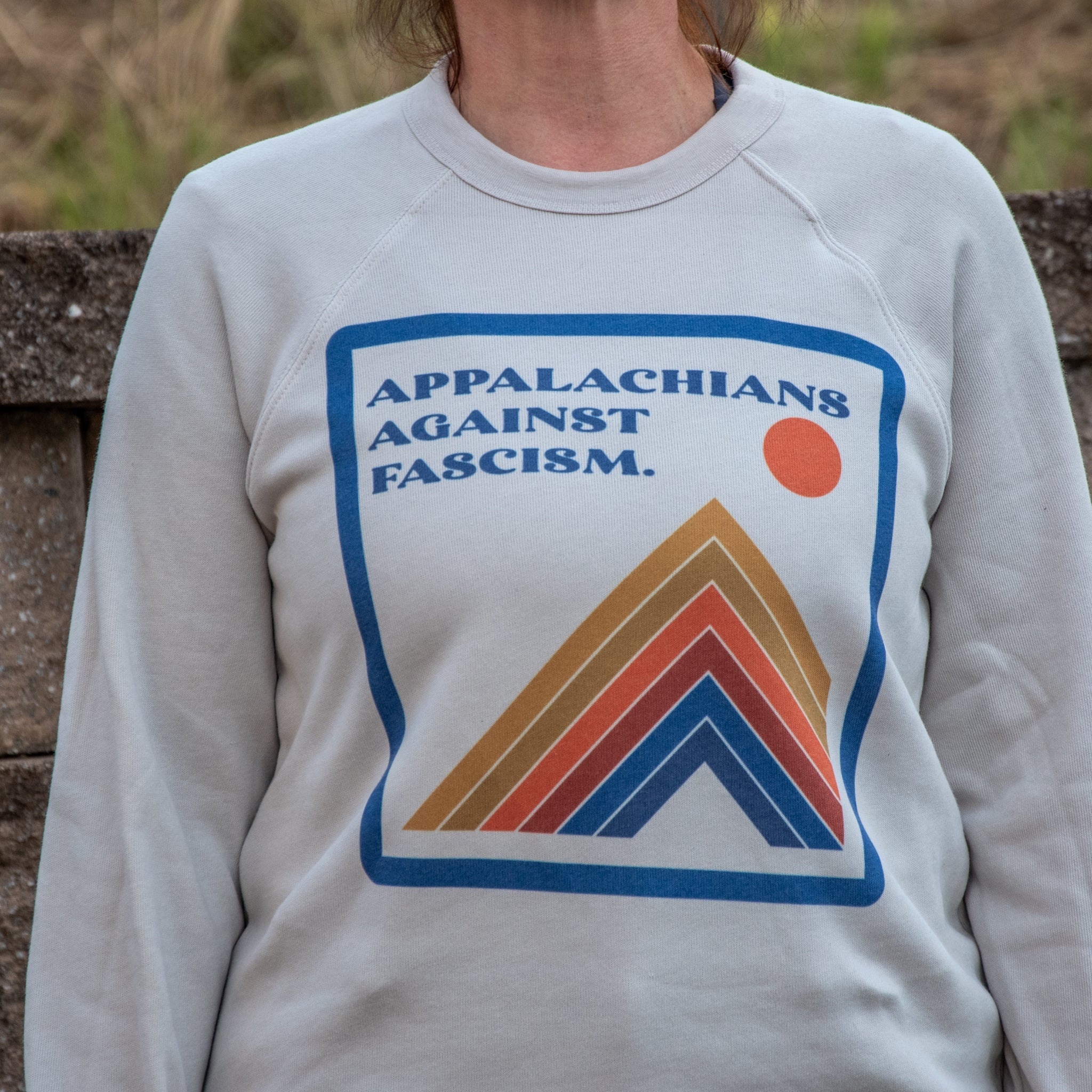 Handprinted Sweatshirt | Appalachians against fascism 70's Mountain | Unisex Tri-Blend |  Heather Dust