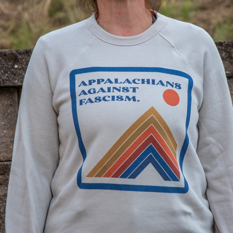 Handprinted Sweatshirt | Appalachians against fascism 70's Mountain | Unisex Tri-Blend |  Heather Dust