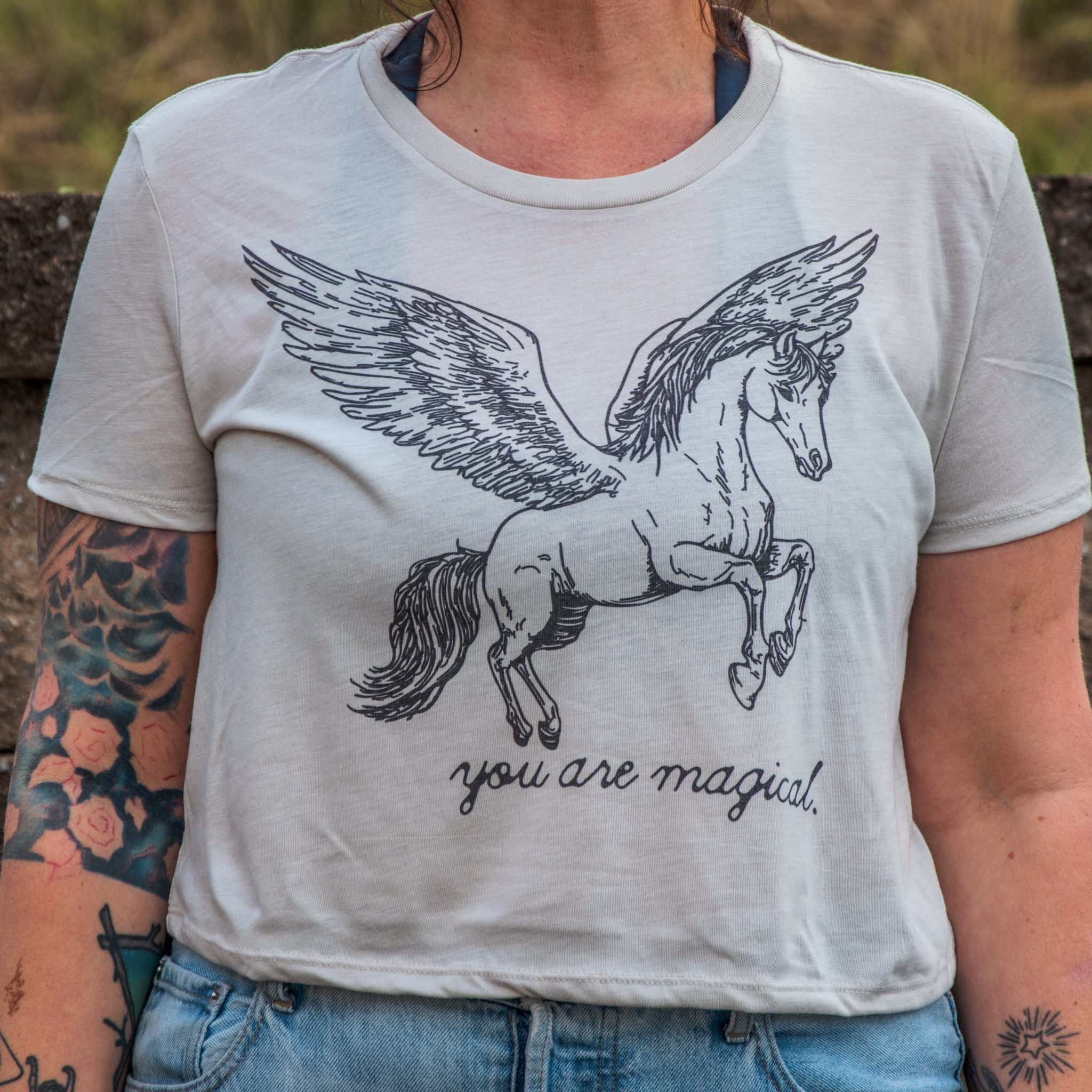 Handprinted Made in USA T-shirt | You are Magical | Oatmeal Flowy Crop