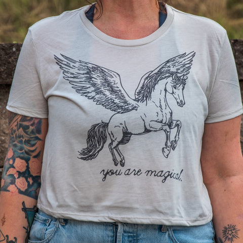 Handprinted Made in USA T-shirt | You are Magical | Oatmeal Flowy Crop