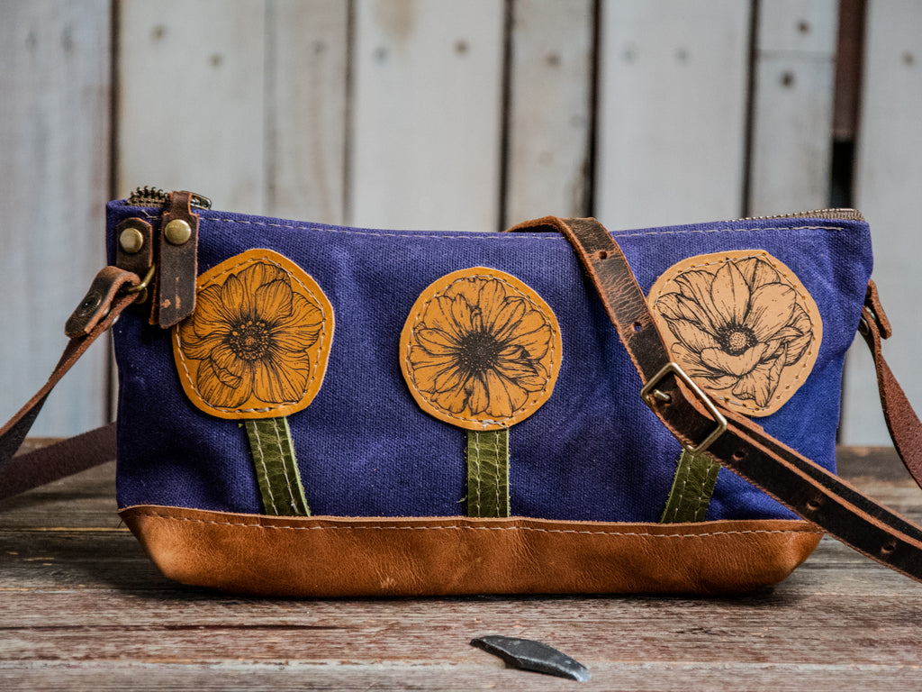 Ready to Ship | Small Handmade waxed canvas and leather Crossbody Zipper Bag | floral Mini zip | T10