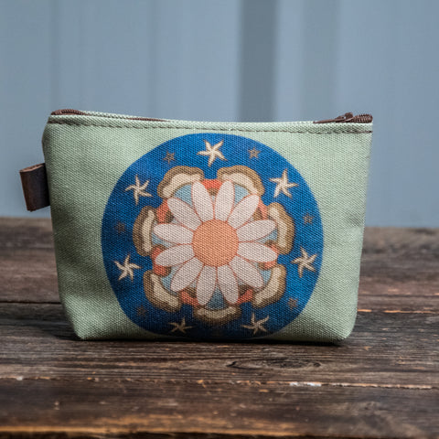 Ready to Ship | Daisy Mandala | Hand printed MEDIUM Canvas Pouch | Camp Blue