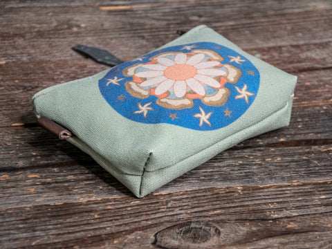 Ready to Ship | Daisy Mandala | Hand printed MEDIUM Canvas Pouch | Camp Blue