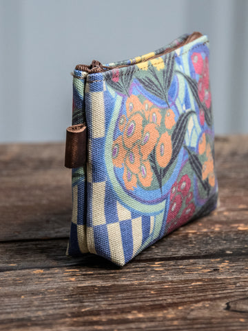 Ready to Ship | Fruit Flower | Hand printed MEDIUM Canvas Pouch | Camp Blue