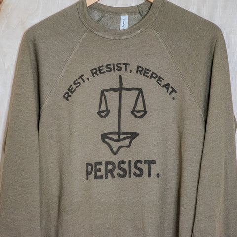 Handprinted Sweatshirt | Rest Resist Persist | Unisex Tri-Blend |  Olive