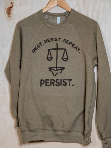 Handprinted Sweatshirt | Rest Resist Persist | Unisex Tri-Blend |  Olive