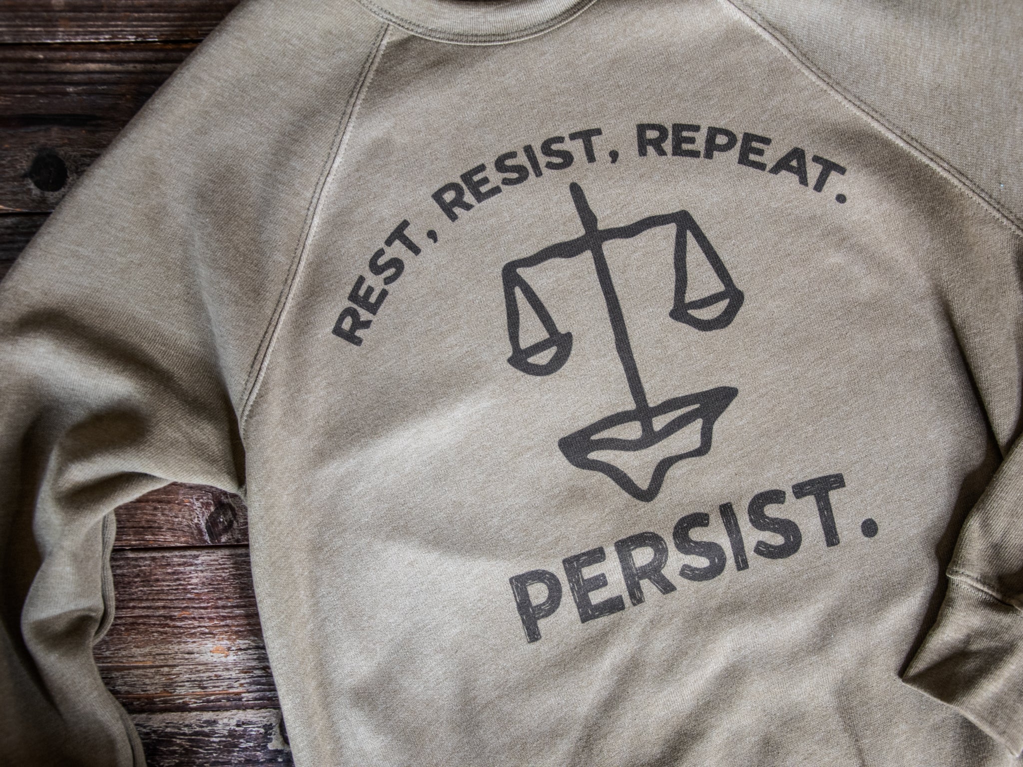 Handprinted Sweatshirt | Rest Resist Persist | Unisex Tri-Blend |  Olive