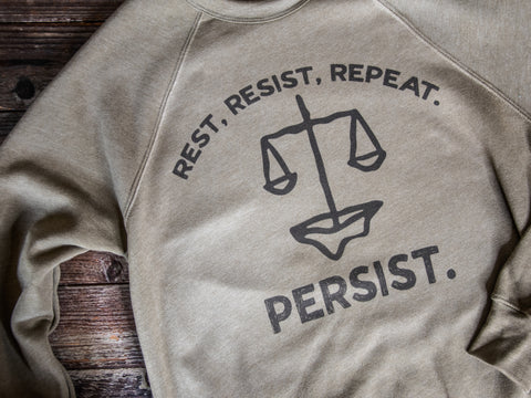 Handprinted Sweatshirt | Rest Resist Persist | Unisex Tri-Blend |  Olive