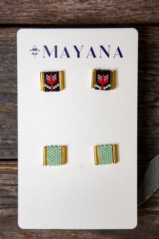 Mayana Designs Co Earrings | Hand-beaded Earrings | Beaded Handwoven Tulip Stud Pack (Black/Mint)